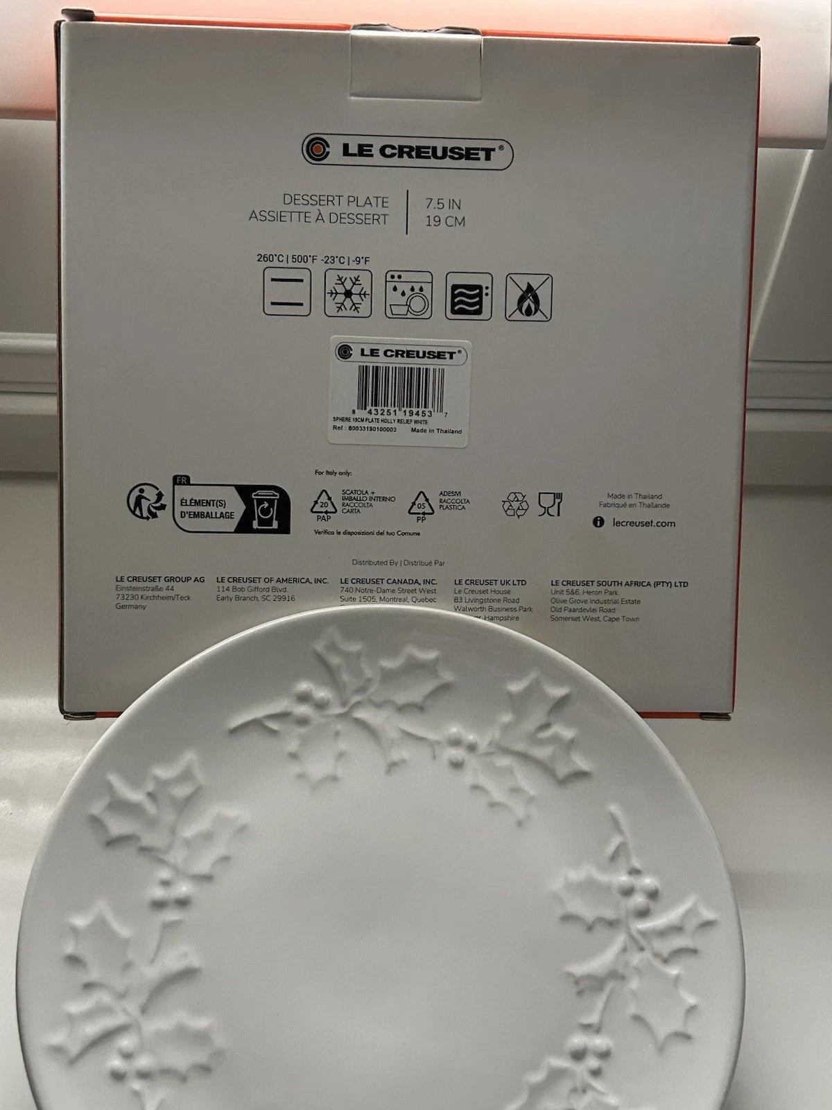 Le Creuset Holly Relief Plate 19cm White Stoneware BNIB Boxed
