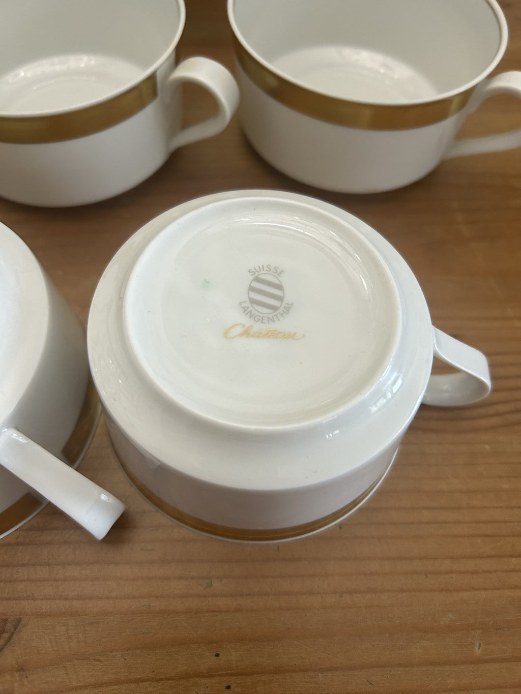 Langenthal Suisse Chateau Teacups – Set of 5 – White & Gold Band – Swiss Porcelain – Vintage